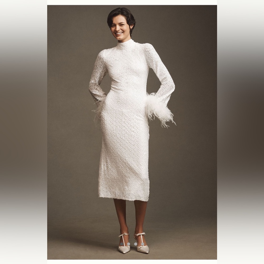 XS Long-Sleeve Mock-Neck Faux-Feather Sequin Column Midi Dress